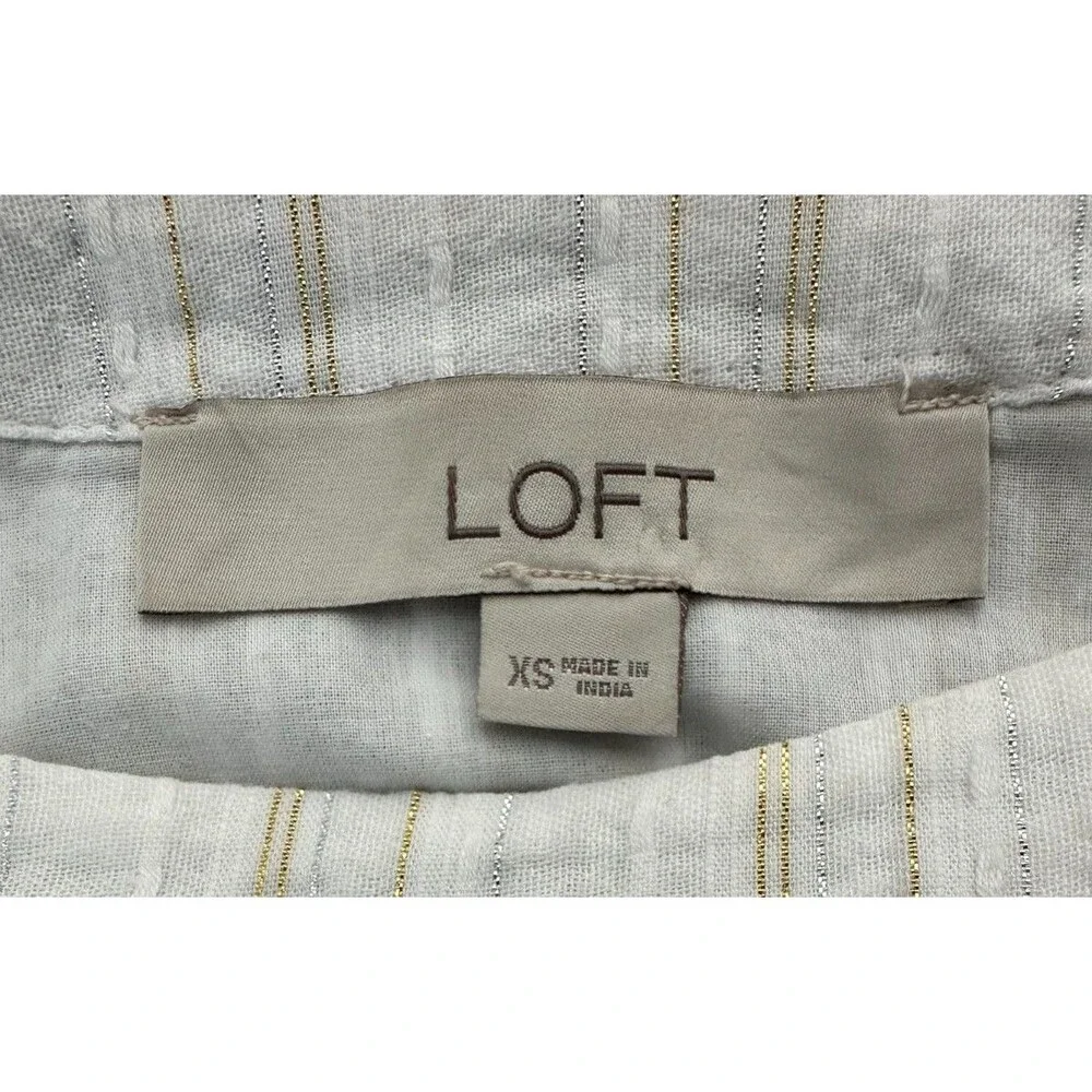 LOFT Puff Sleeve Top XS White Gold Metallic Stripe Cottagecore Romantic Feminine